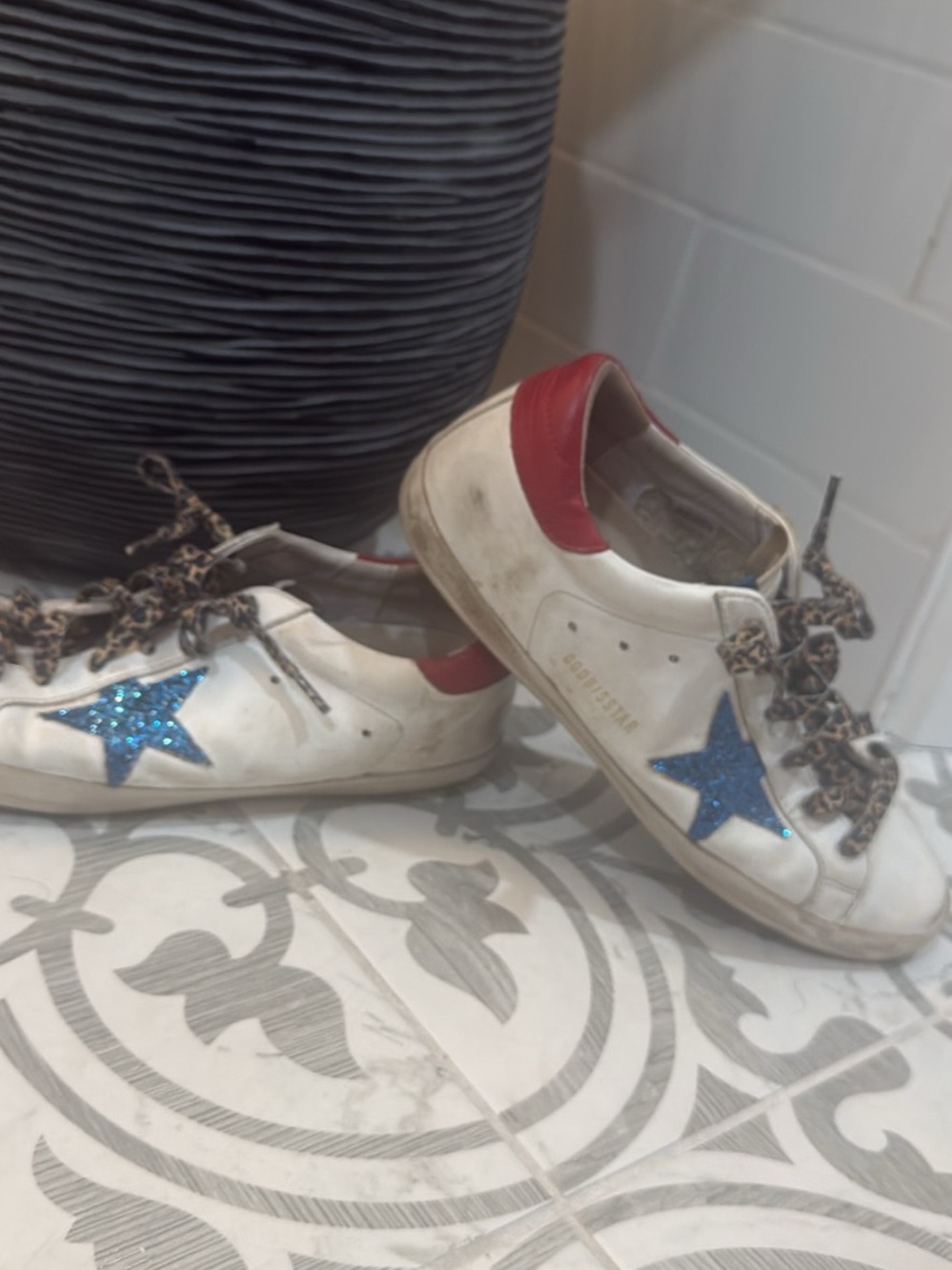 White Sneakers with Blue Glitter Star and Red Heel